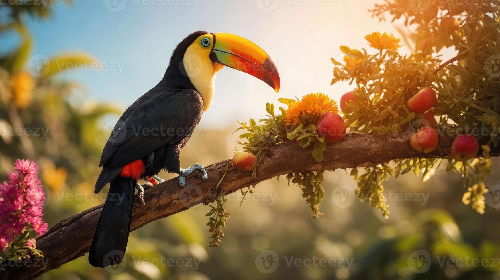A vibrant toucan perched on a branch surrounded by colorful flowers and fruits in nature. photo