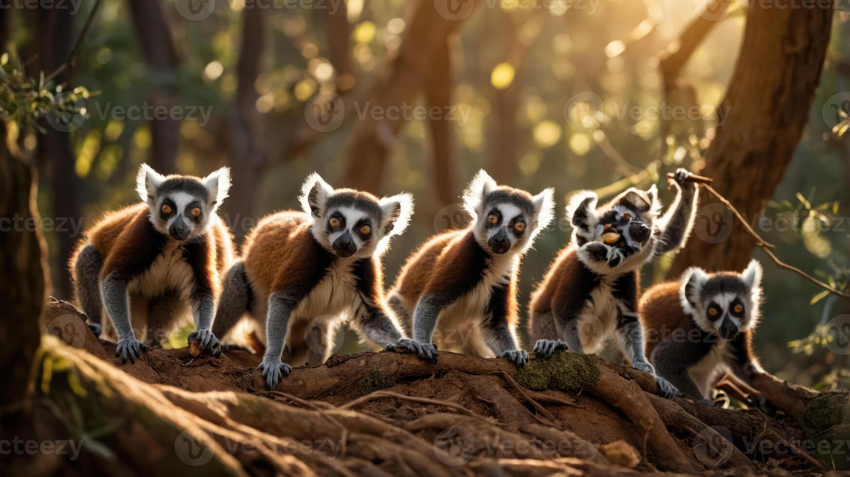 A group of lemurs playfully interacting in a sunlit forest setting. photo