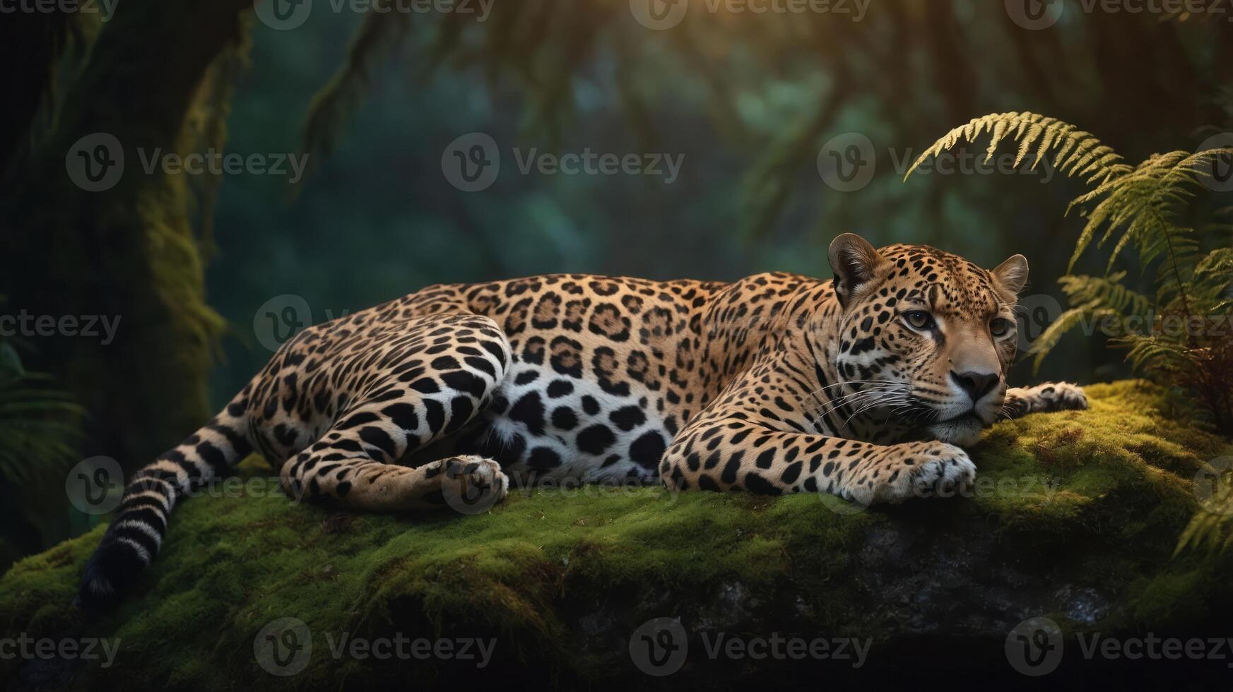 A serene leopard resting on a moss-covered rock in a lush, green forest. photo