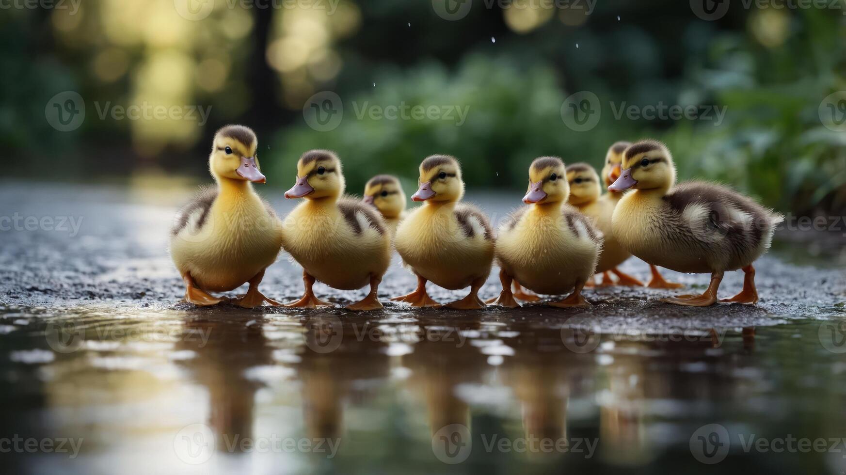 A line of ducklings walking along a wet path, showcasing nature's charm and innocence. photo