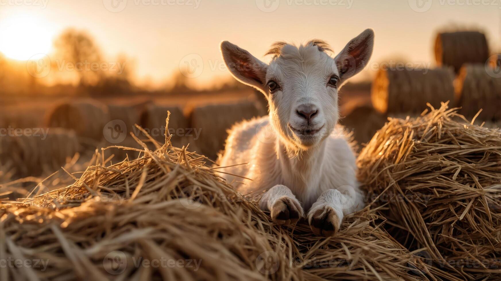 A cute goat resting on straw bales during sunset, showcasing rural life and tranquility. photo