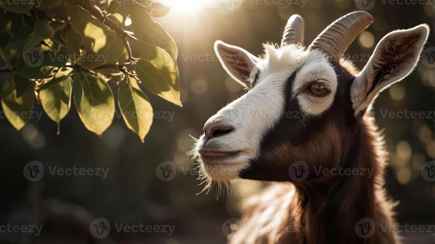 A close-up of a goat with soft lighting and greenery in the background. photo