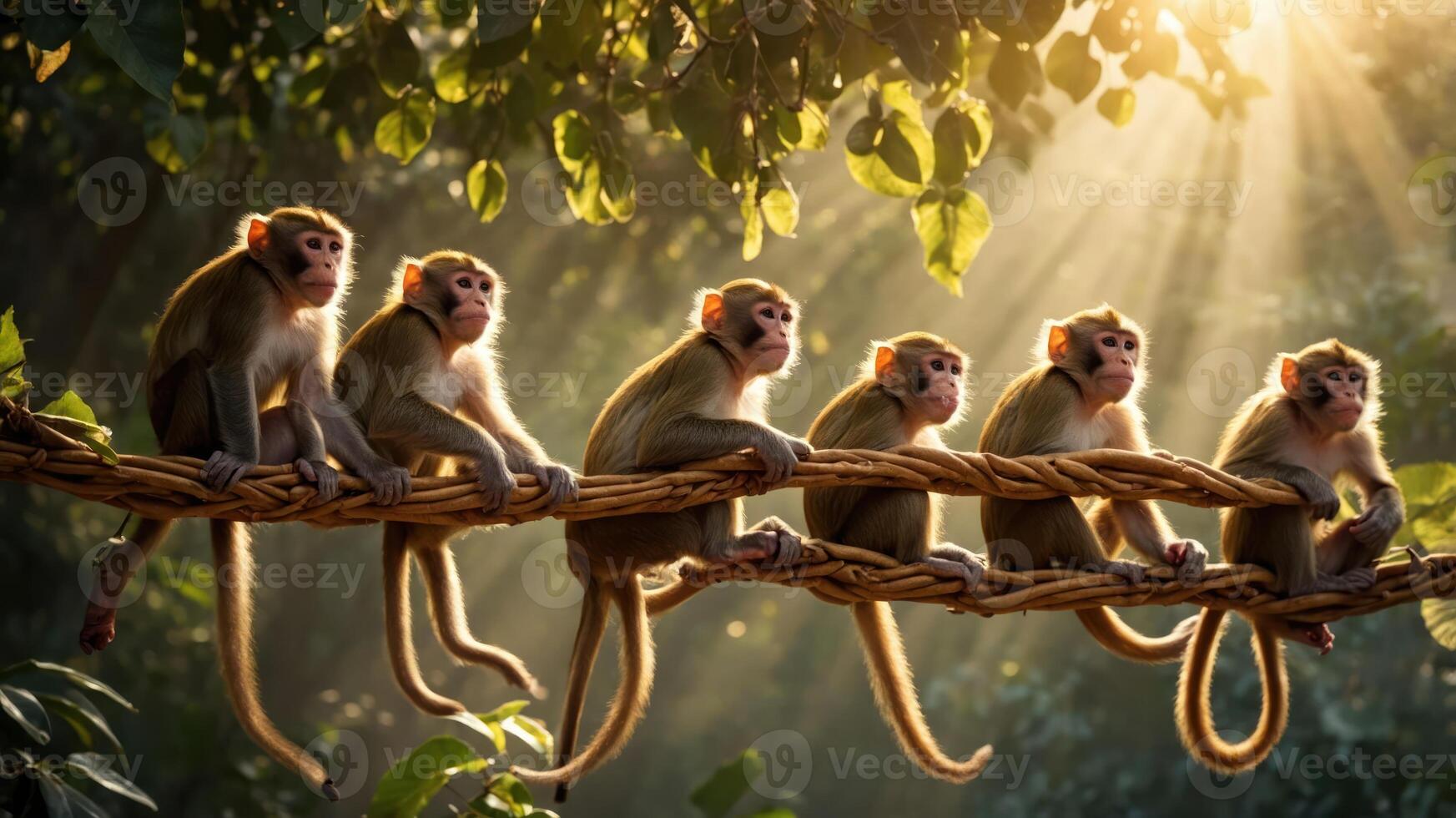 A group of monkeys sitting on a branch in a sunlit forest. photo