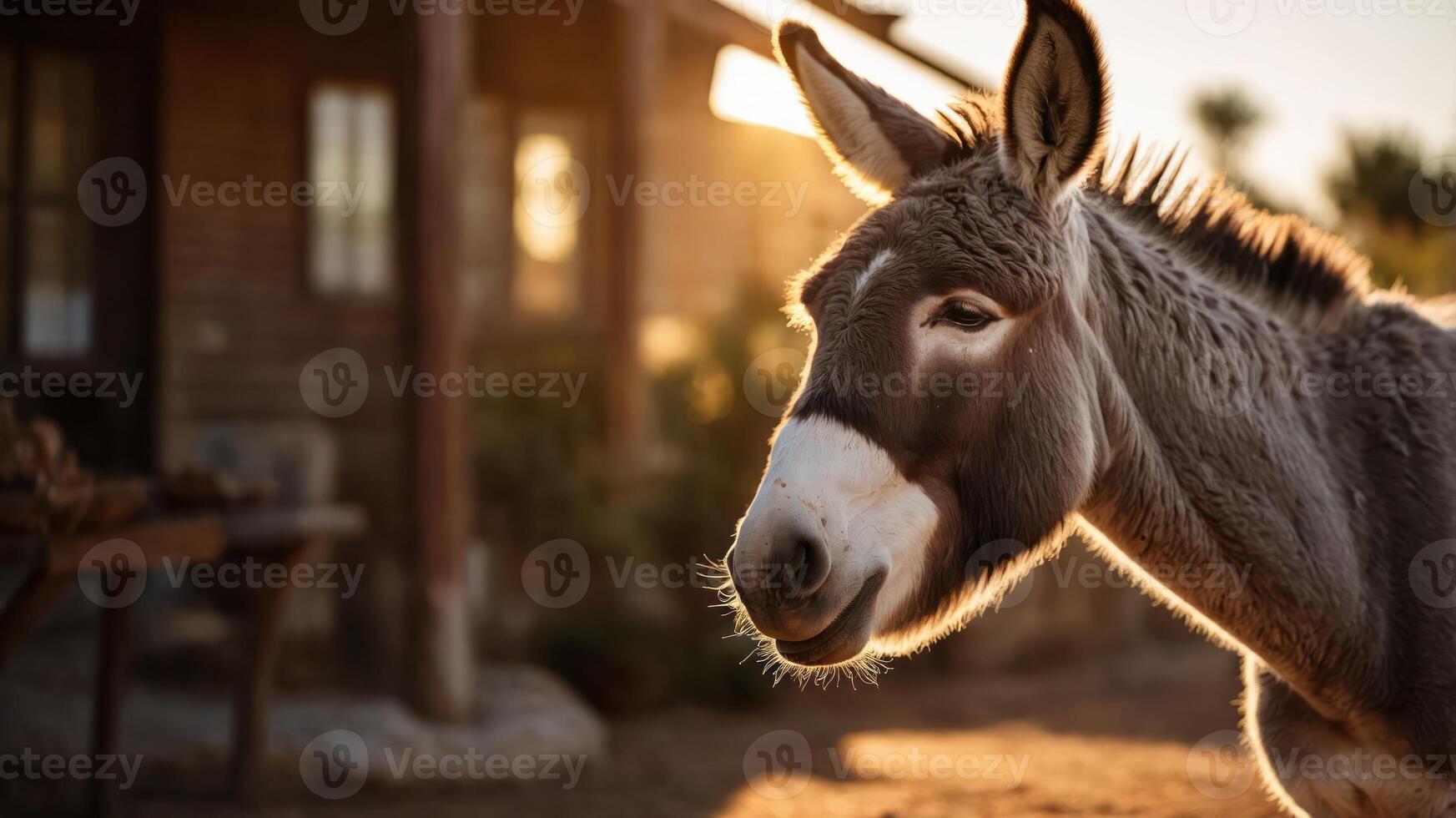 A close-up of a donkey in a rustic setting during golden hour. photo