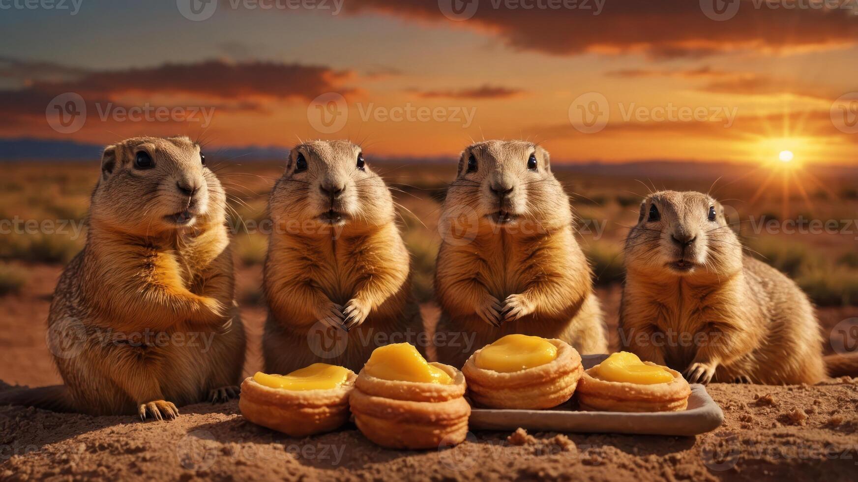 Four prairie dogs sitting by a plate of desserts at sunset. photo
