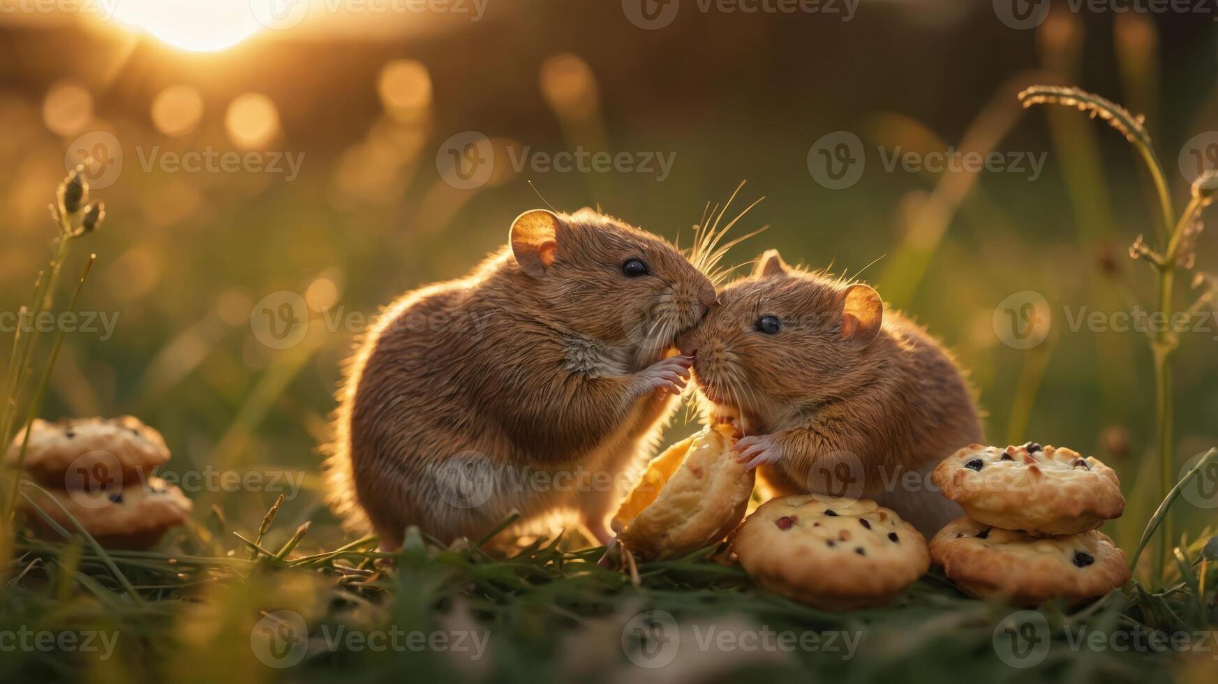 Two hamsters sharing a snack in a sunlit grassy field, surrounded by cookies. photo