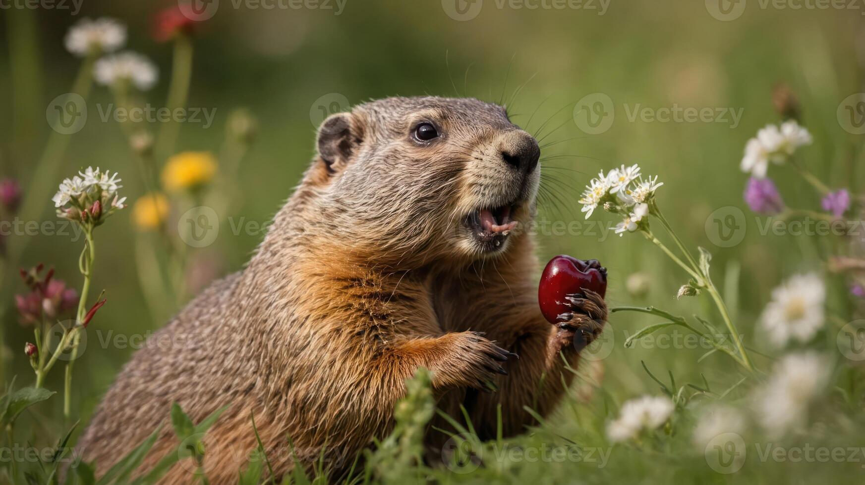A groundhog holding a red fruit amidst colorful wildflowers in a grassy field. photo