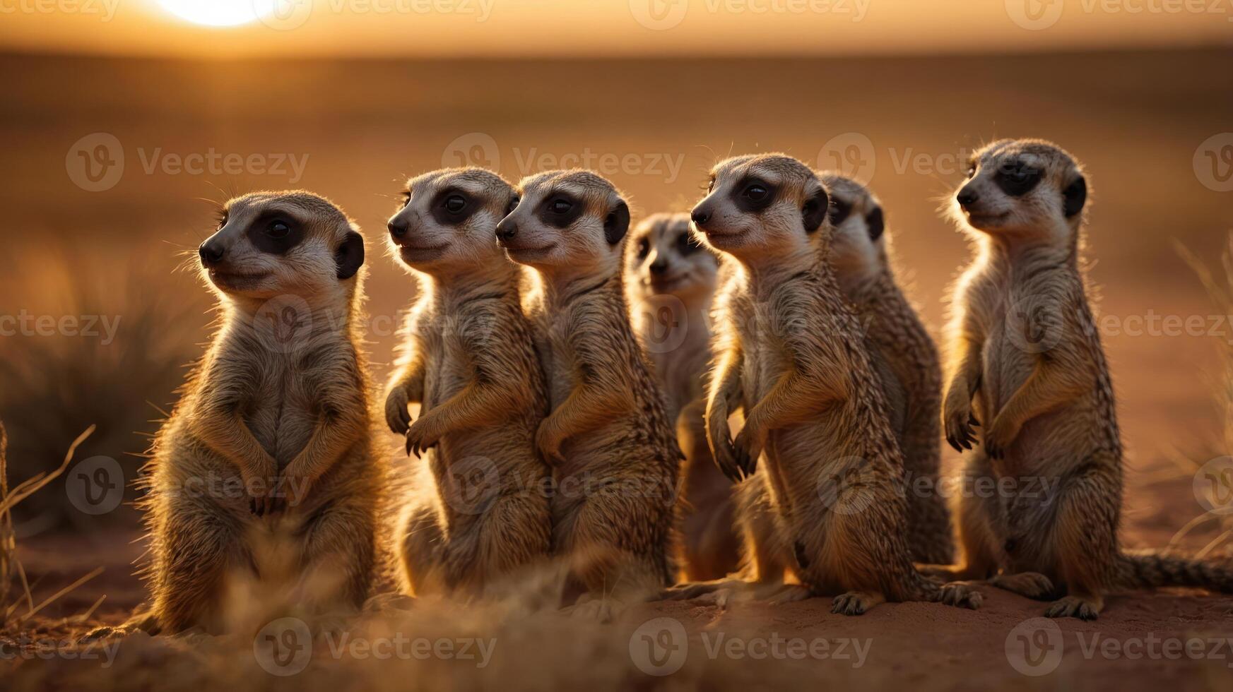A group of meerkats standing together at sunset in a natural landscape. photo