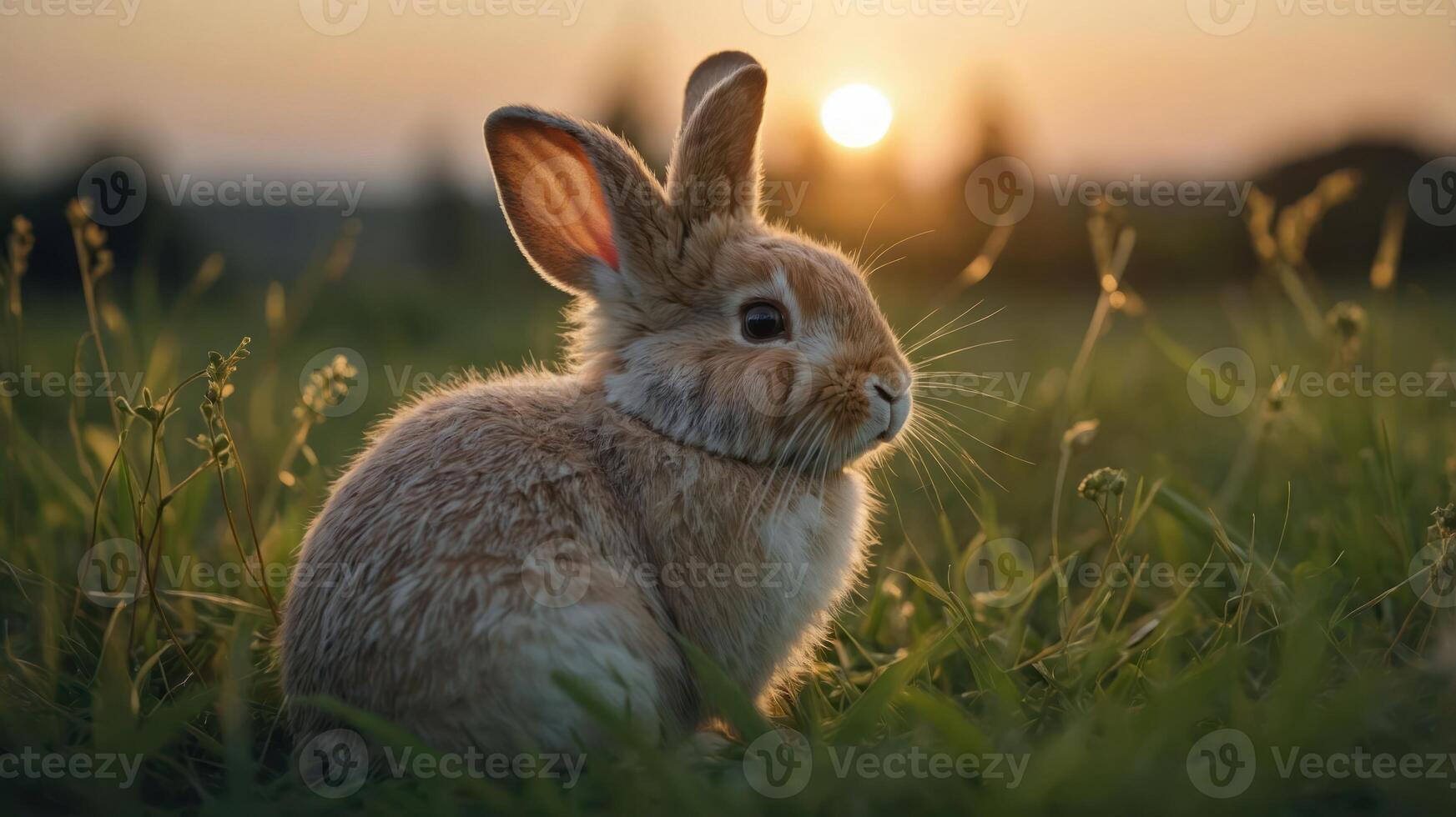 A serene rabbit sits in a grassy field during sunset, capturing a peaceful moment in nature. photo