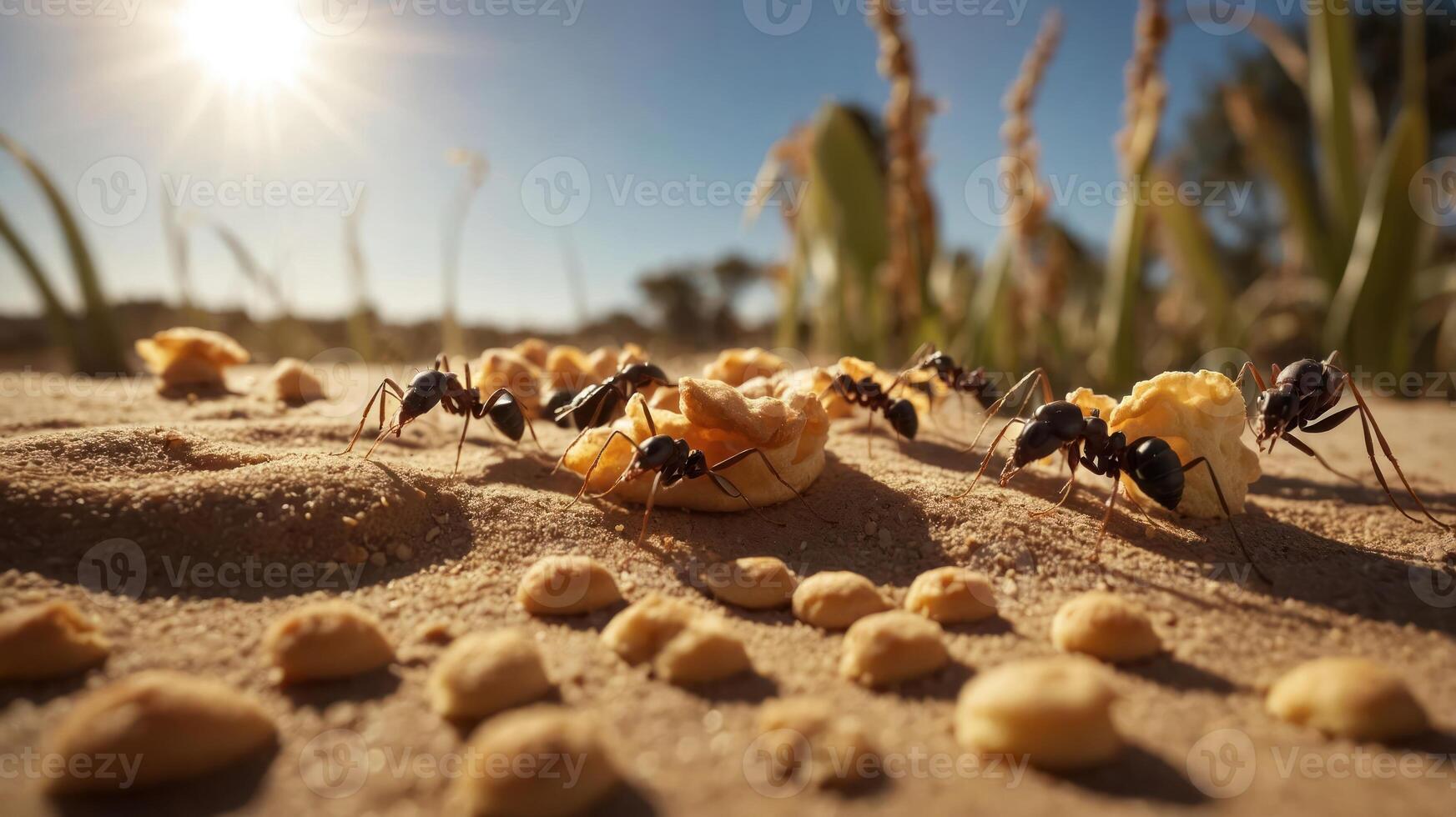 A close-up of ants gathering food on sandy ground under sunlight. photo