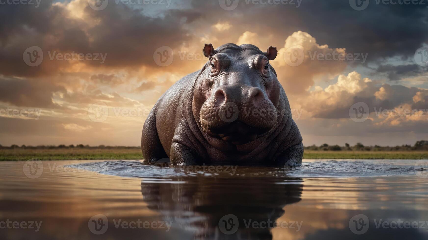 A hippo wades in water against a dramatic sunset backdrop. photo