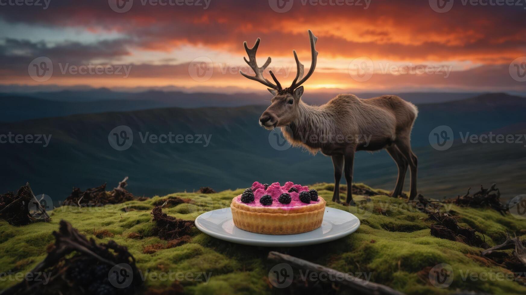 A reindeer stands beside a dessert on a mossy landscape during a colorful sunset. photo