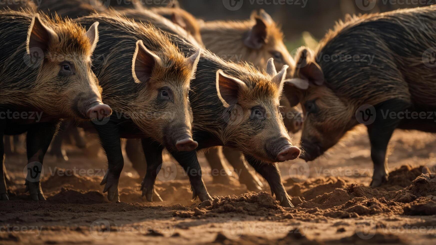 A group of wild boars foraging in a natural setting during golden hour. photo