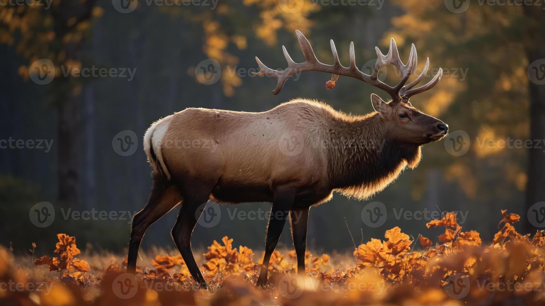 A majestic elk stands amidst autumn foliage, highlighting nature's beauty. photo