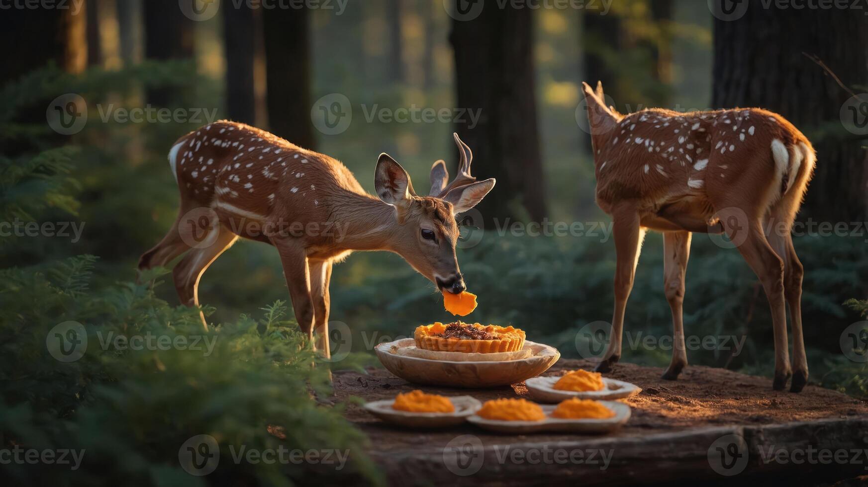 Two deer in a forest enjoying a feast of orange desserts on a wooden table. photo