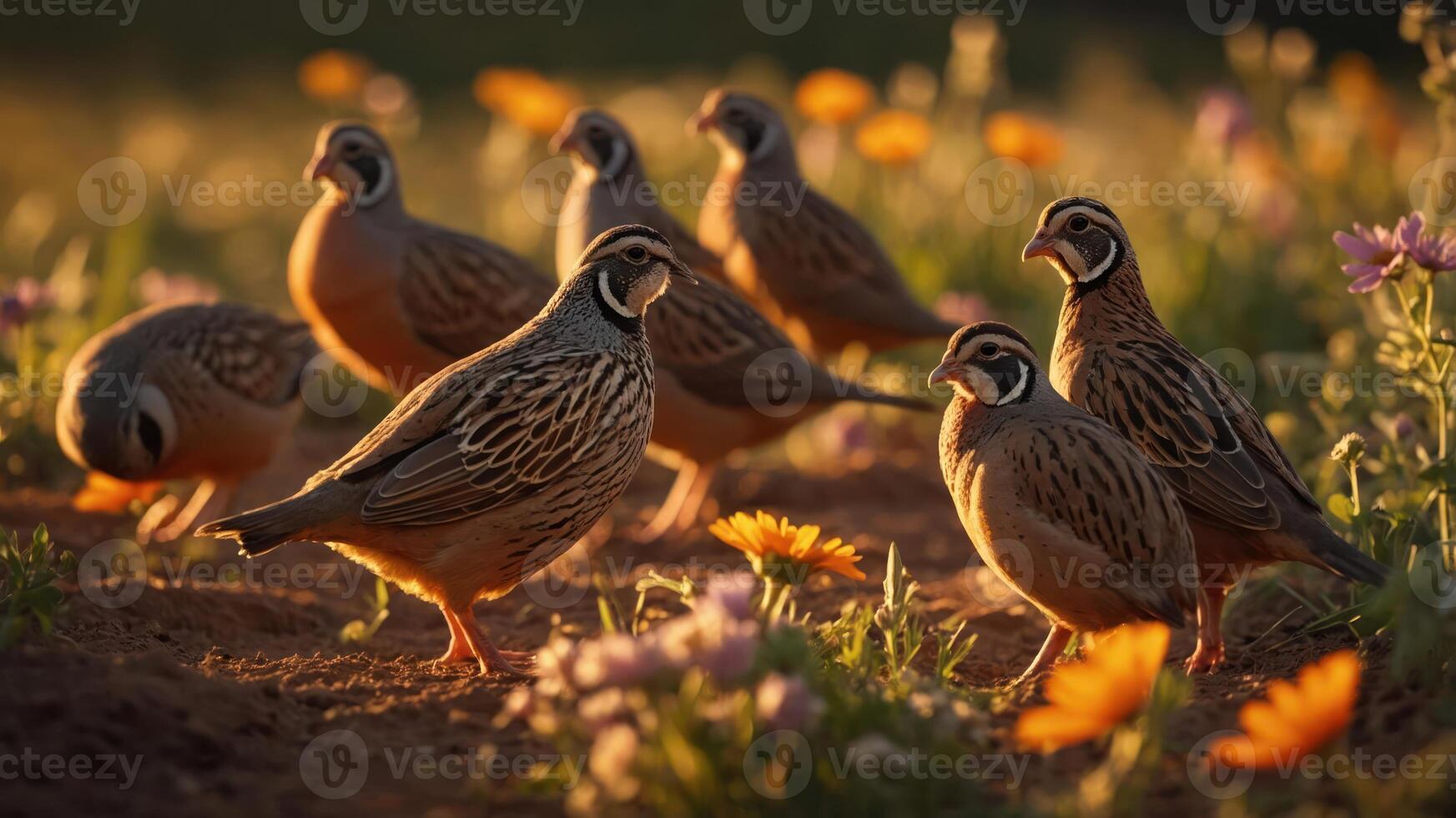 A group of birds foraging in a flower-filled field during golden hour. photo