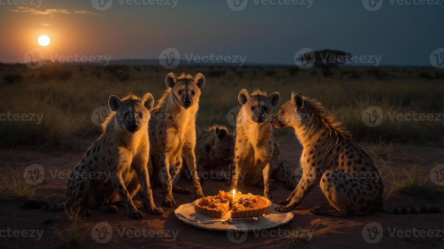 A group of hyenas gathered around a cake at sunset in a savanna setting. photo