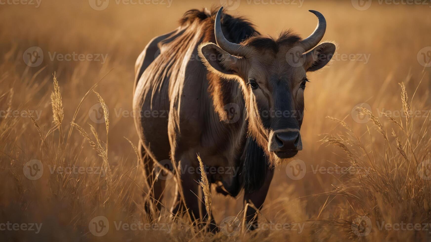 A close-up of a cow in a golden grass field during sunset. photo