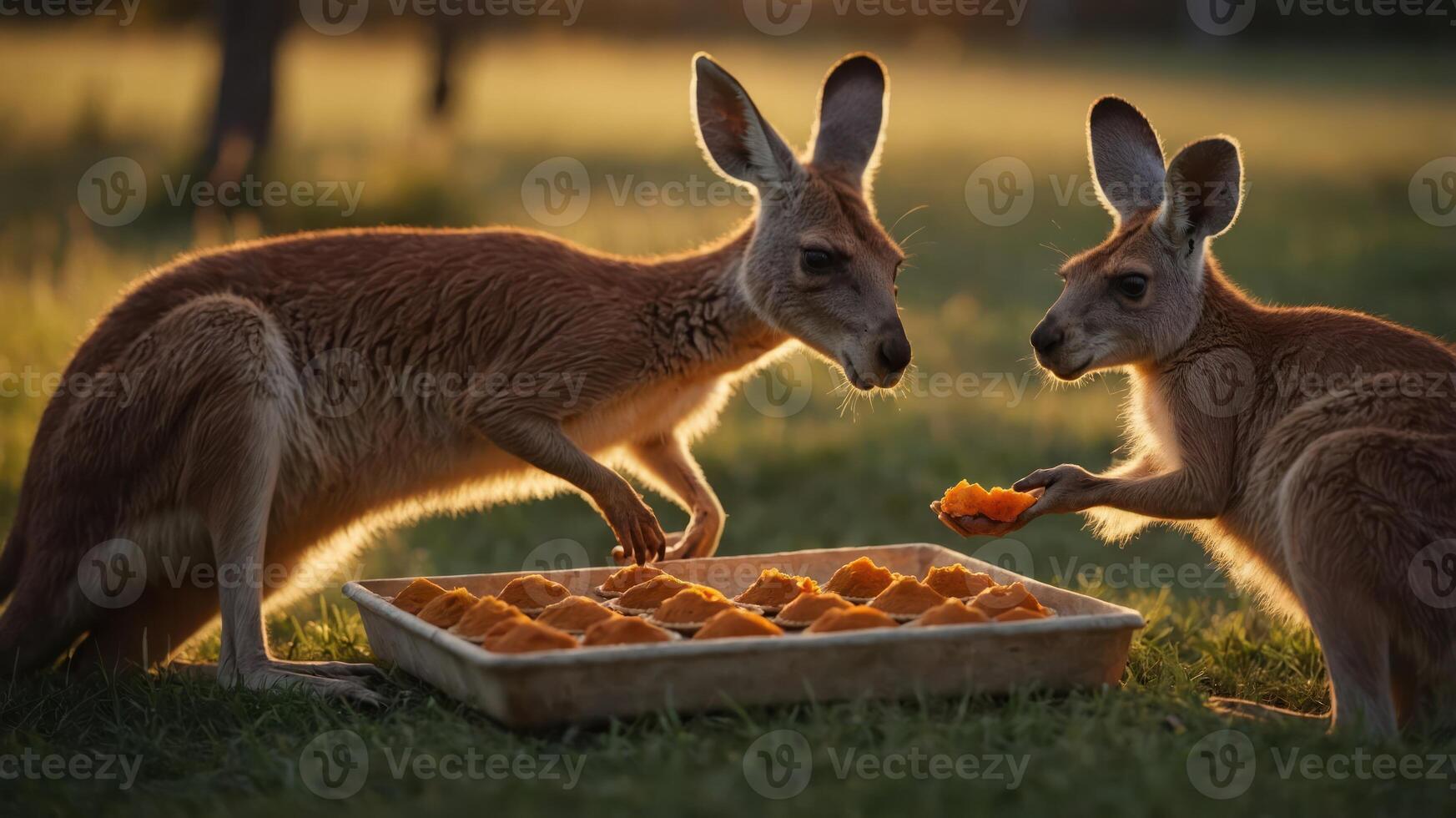 Two kangaroos interacting over a tray of food during sunset. photo
