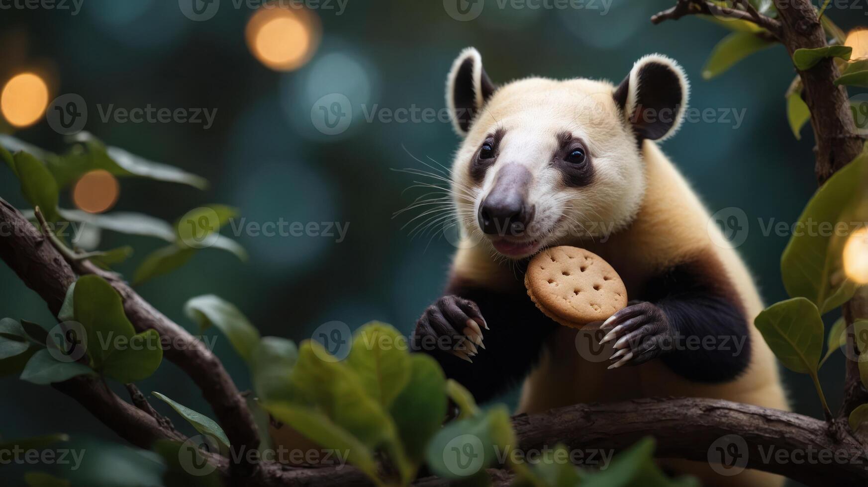 A bear-like animal enjoys a cookie while perched on a branch amidst greenery. photo