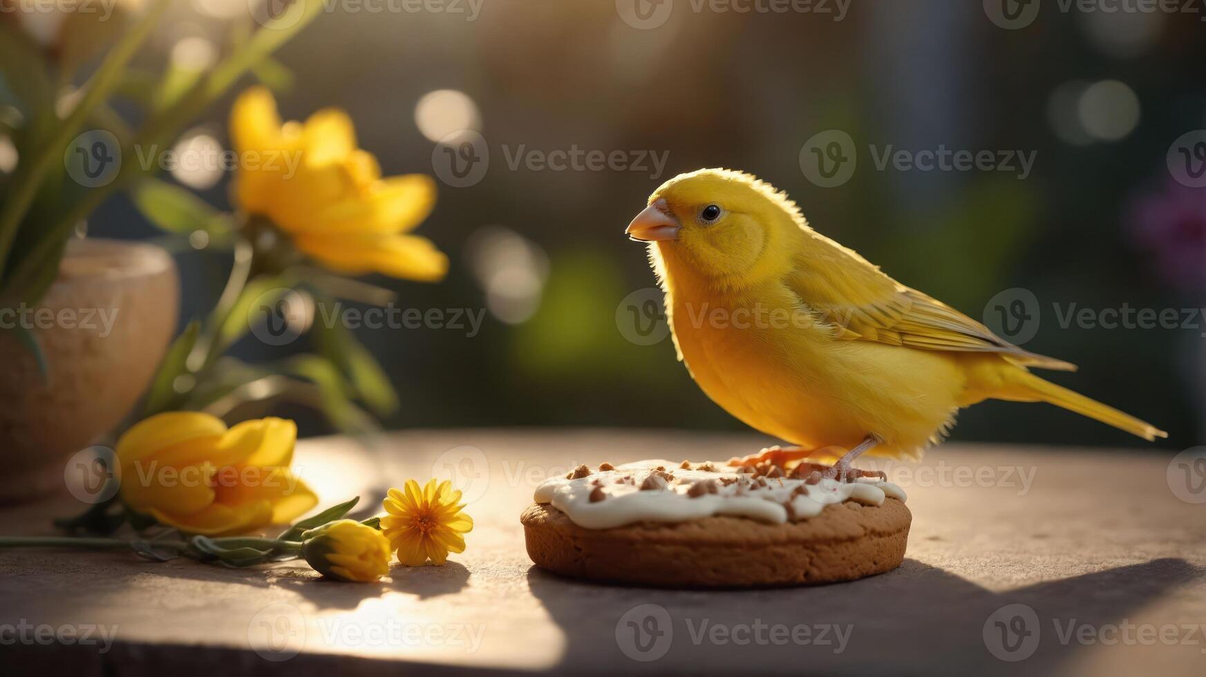 A vibrant yellow canary perched on a cookie surrounded by flowers in soft sunlight. photo