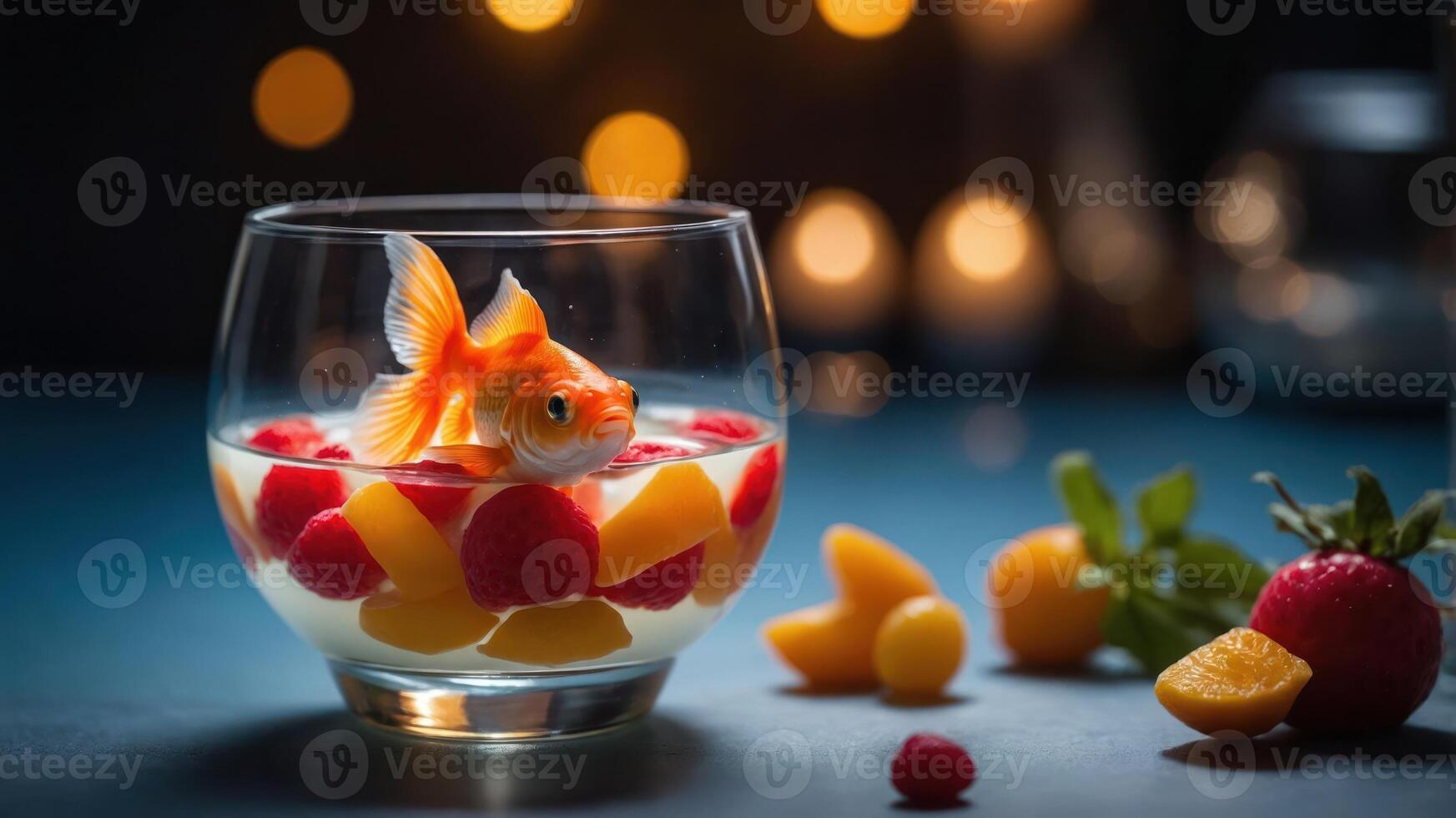 A goldfish swimming in a colorful fruit dessert, creating a whimsical and playful scene. photo