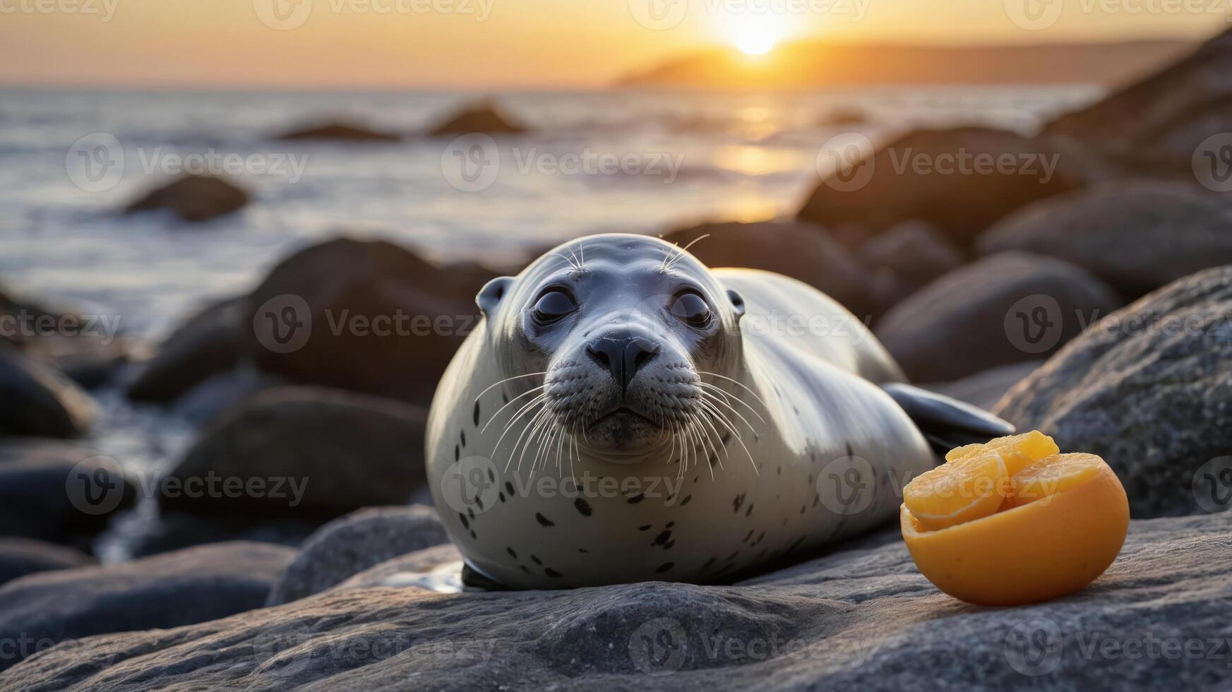 A seal resting on rocks near the ocean at sunset, with an orange beside it. photo