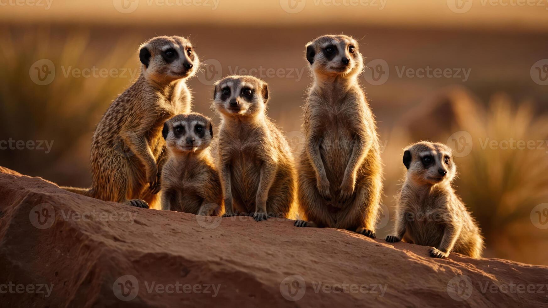 A group of five meerkats standing on a rock, gazing into the distance during sunset. photo
