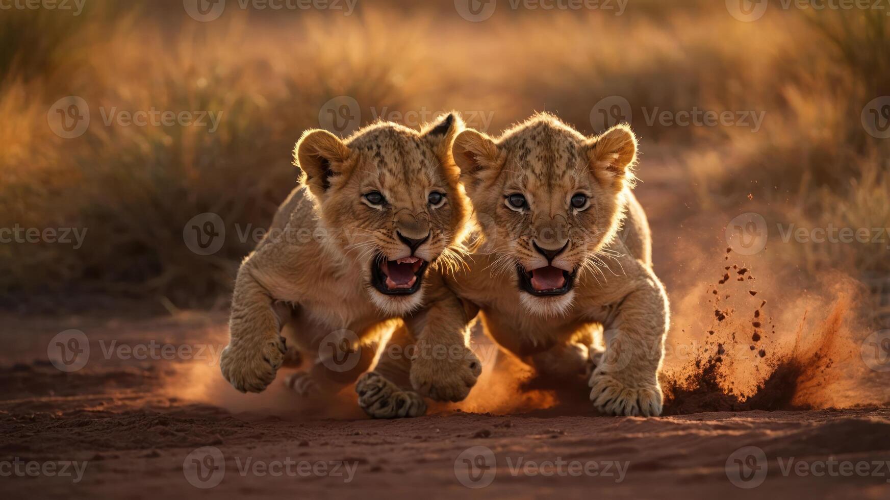 Two lion cubs sprinting through the grasslands, capturing a moment of playfulness and energy. photo