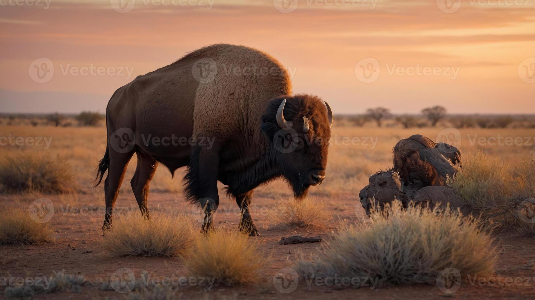 A bison stands in a serene landscape at sunset, surrounded by gentle hills and grasses. photo
