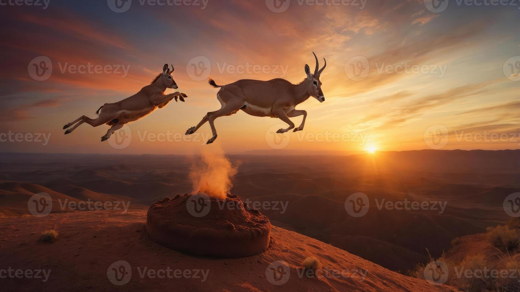 Two antelopes leap over a steaming mound at sunset in a scenic landscape. photo