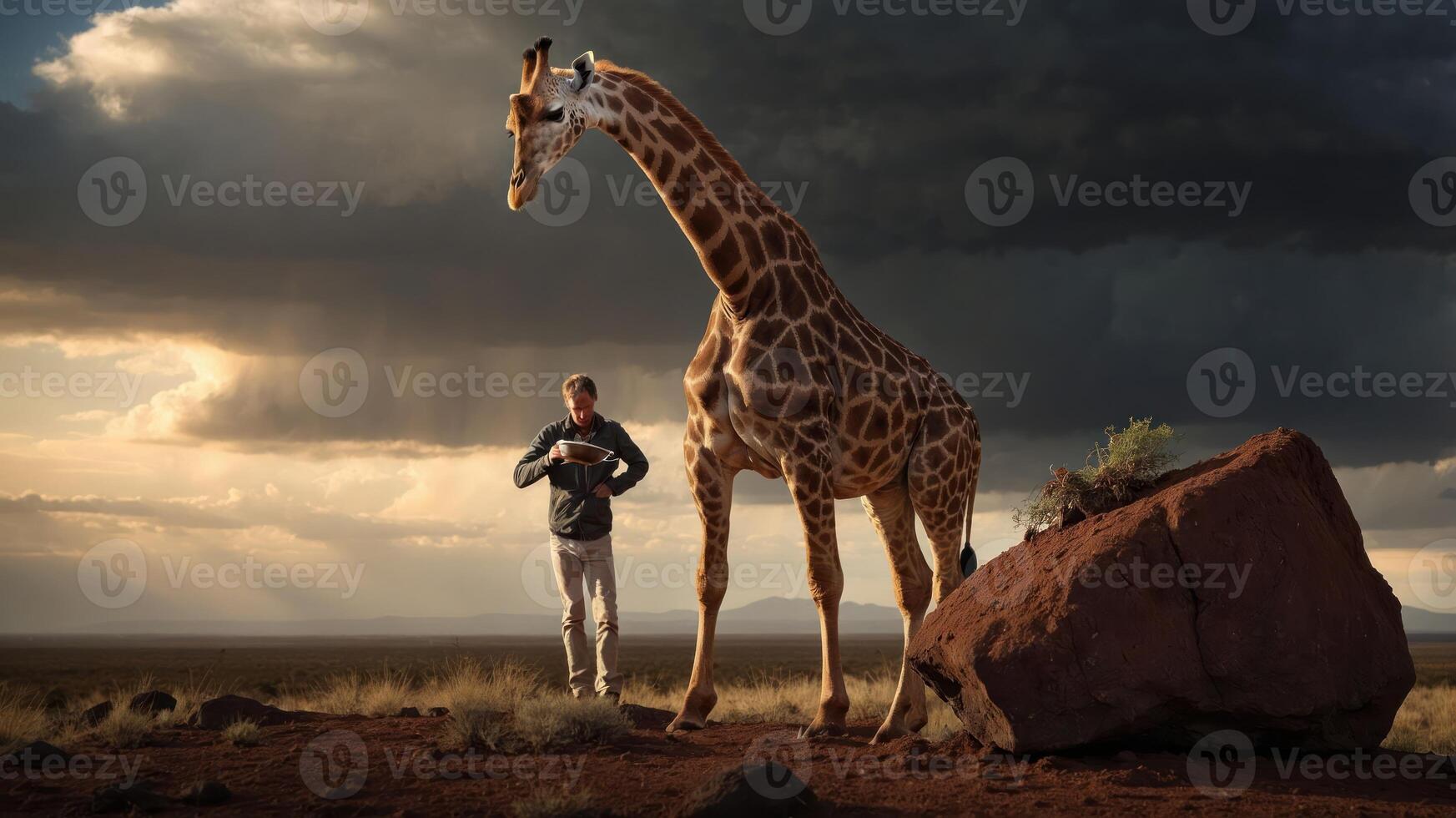 A person stands beside a tall giraffe near a rock under a dramatic sky. photo