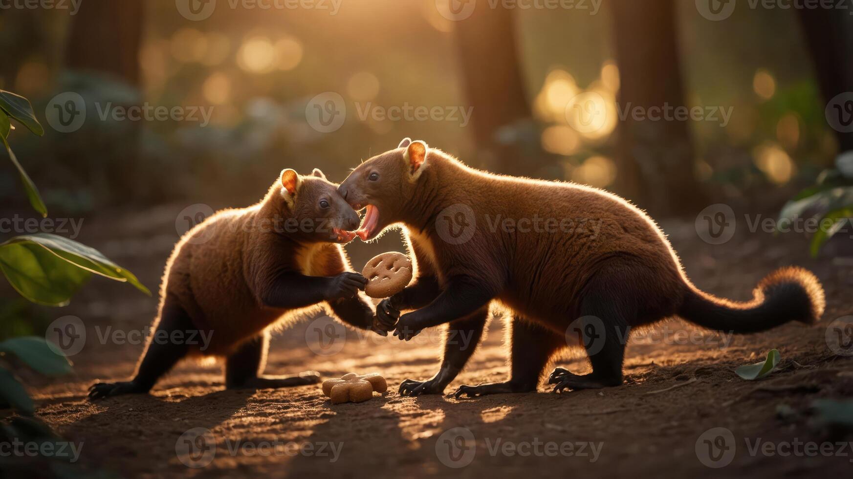 Two playful animals share a cookie in a sunlit forest setting. photo