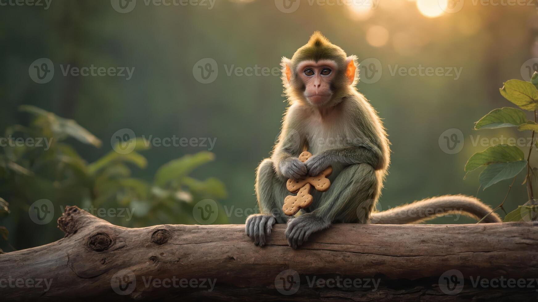 A monkey sitting on a log, holding a snack, surrounded by greenery at sunset. photo
