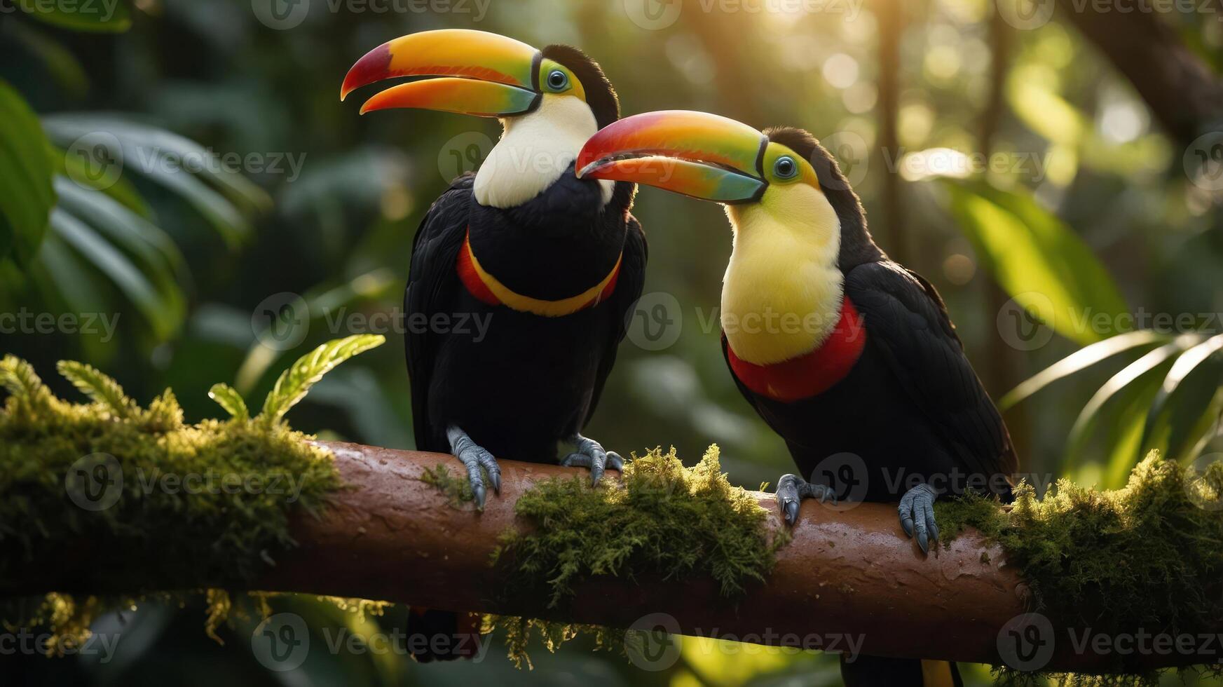 Two colorful toucans perched on a mossy branch in a lush, green environment. photo