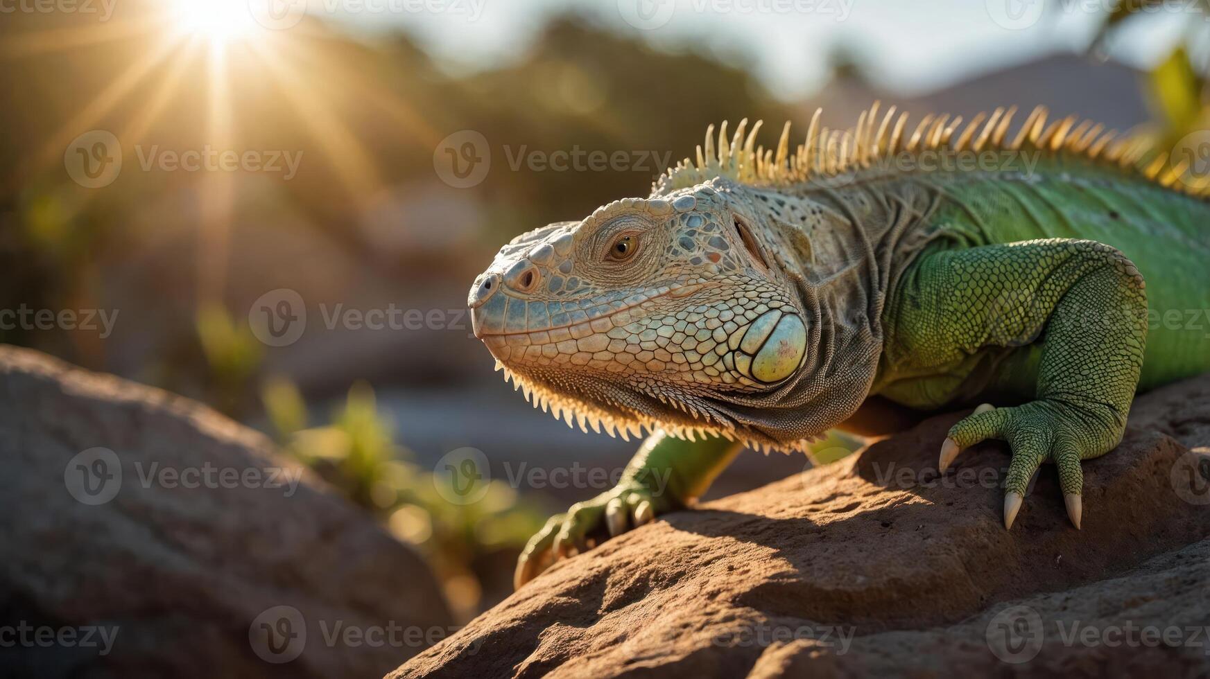 A close-up of a green iguana basking on a rock with sunlight in the background. photo
