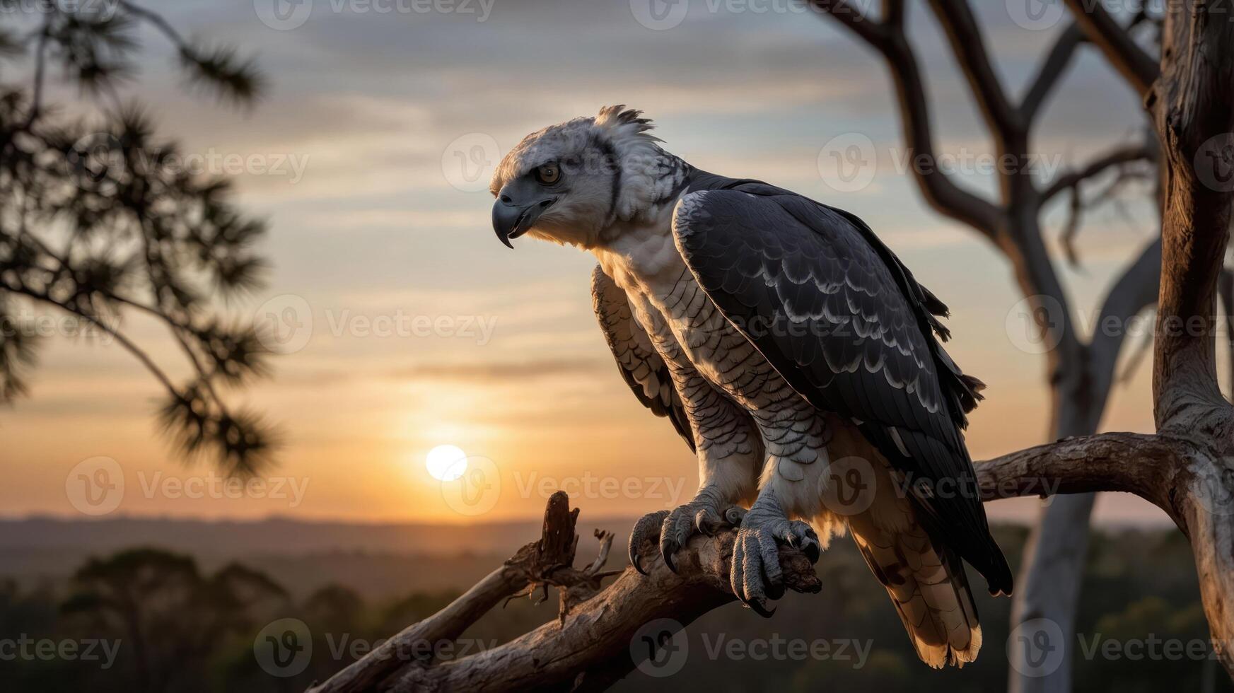A majestic eagle perched on a branch during a stunning sunset. photo