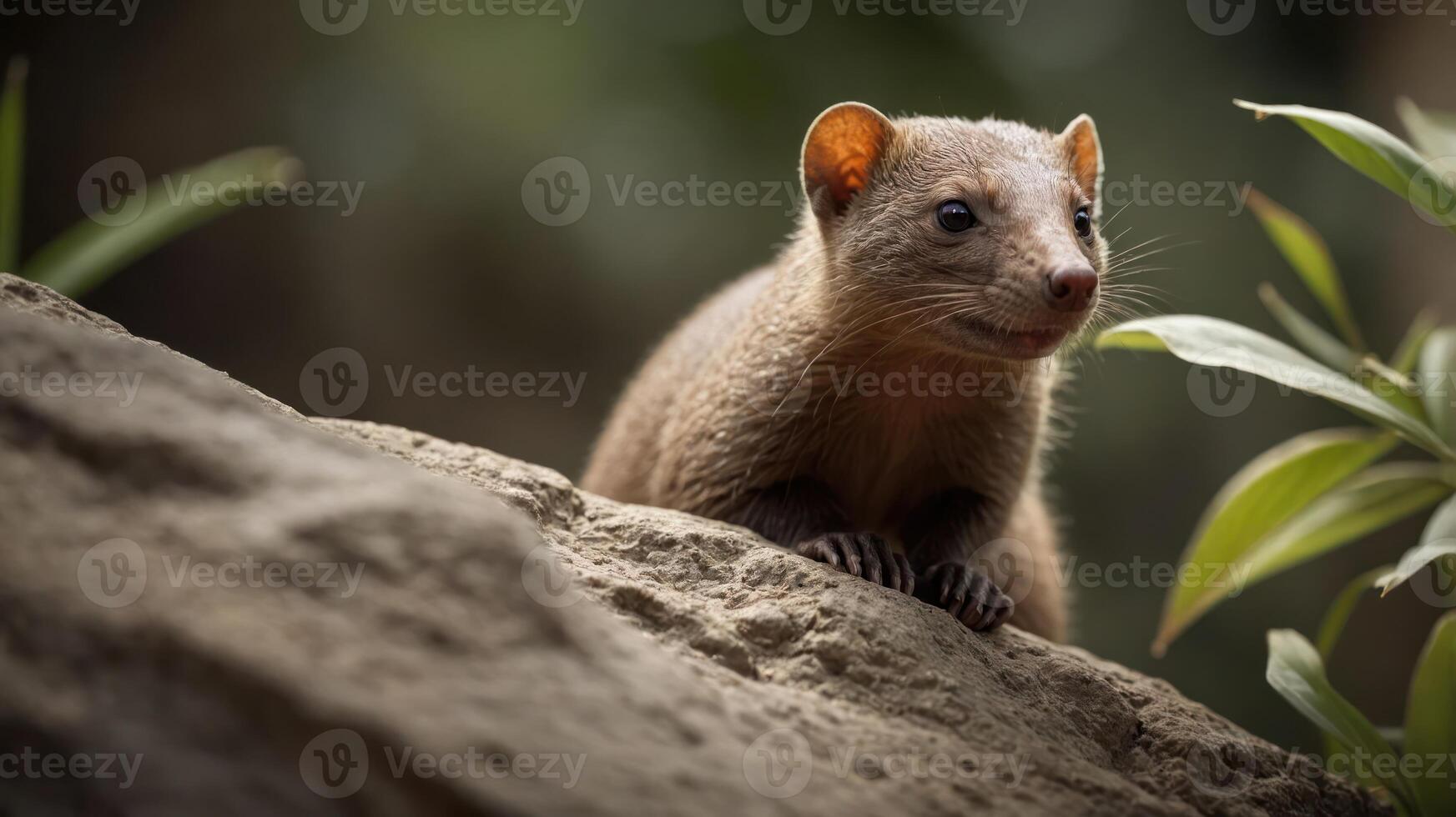 A close-up of a mongoose perched on a rock, surrounded by greenery. photo