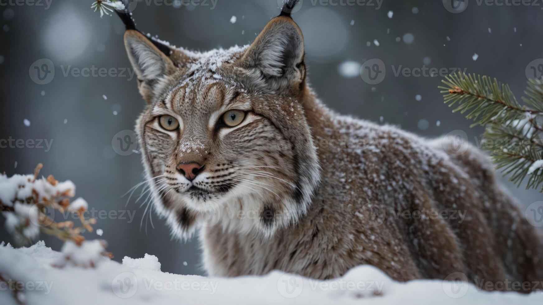 A lynx in a snowy forest, showcasing its striking features amidst falling snowflakes. photo