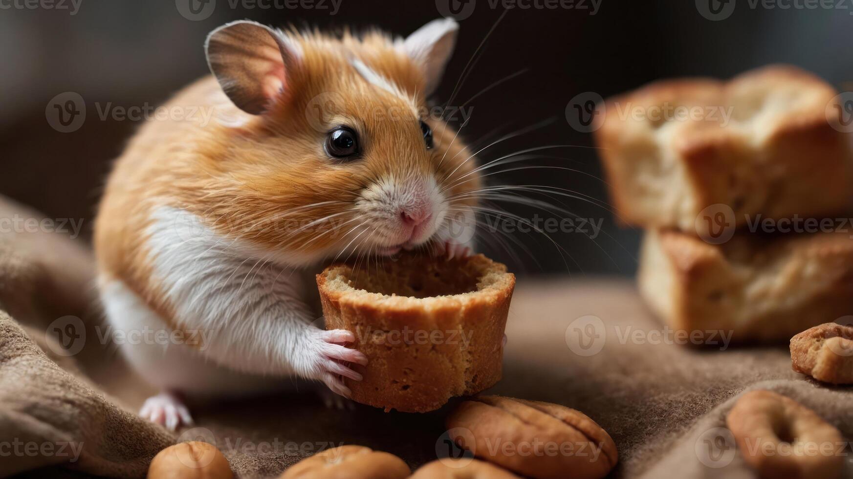 A cute hamster holding a small pastry, surrounded by cookies and baked goods. photo
