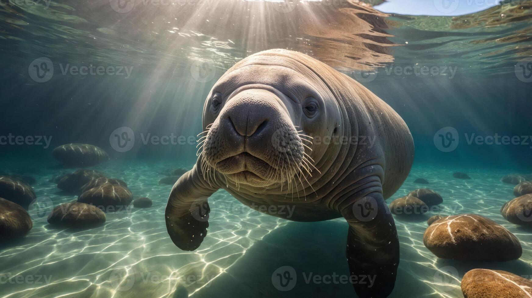 A serene underwater scene featuring a manatee swimming among rocks and sunlight rays. photo