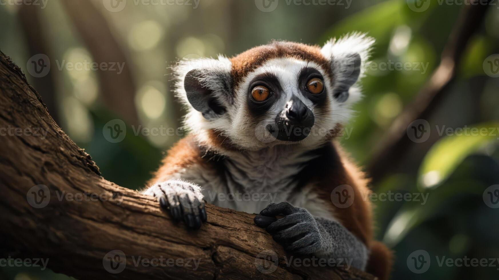 A close-up of a lemur resting on a branch in a lush, green environment. photo