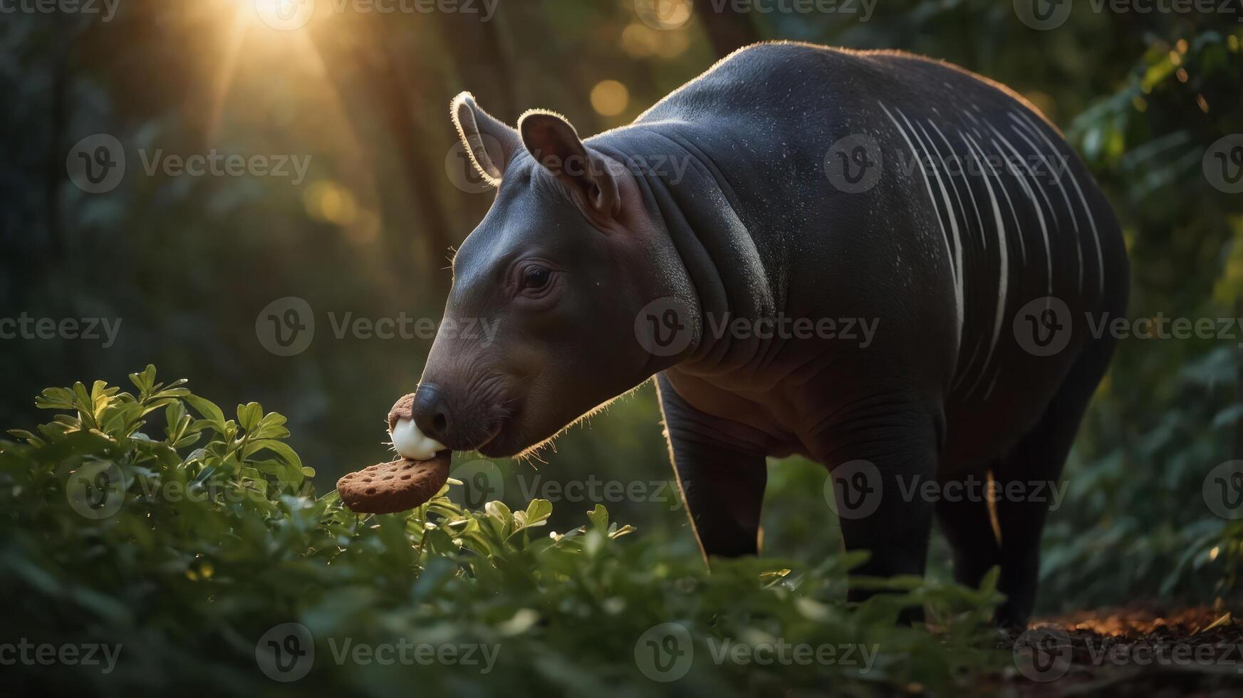 A tapir in a forest, curiously holding a cookie with sunlight filtering through the trees. photo