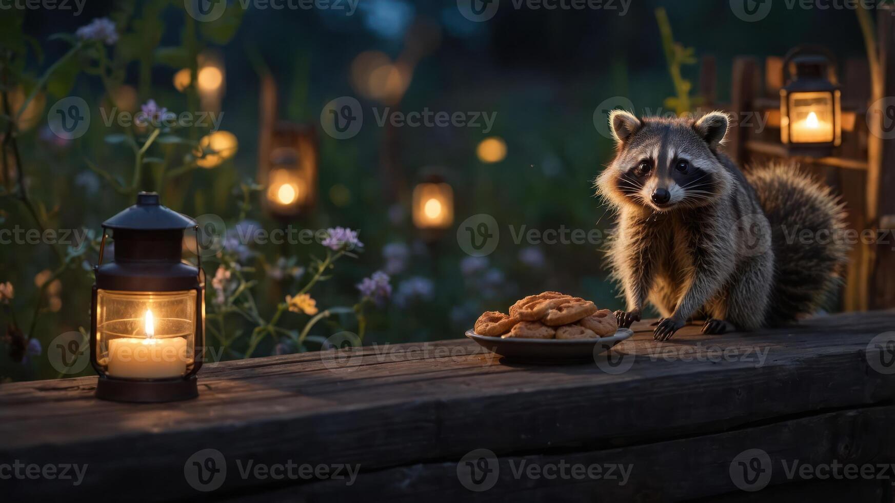 A raccoon curiously approaches a plate of cookies beside glowing lanterns in a serene setting. photo