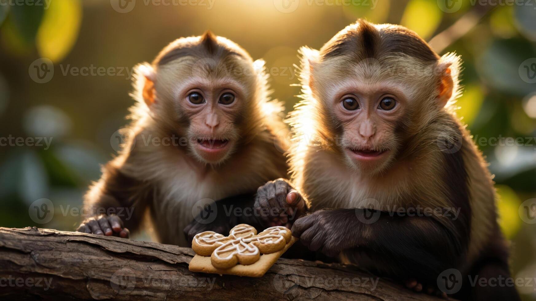 Two young monkeys curiously examine a decorative cookie on a branch in a natural setting. photo