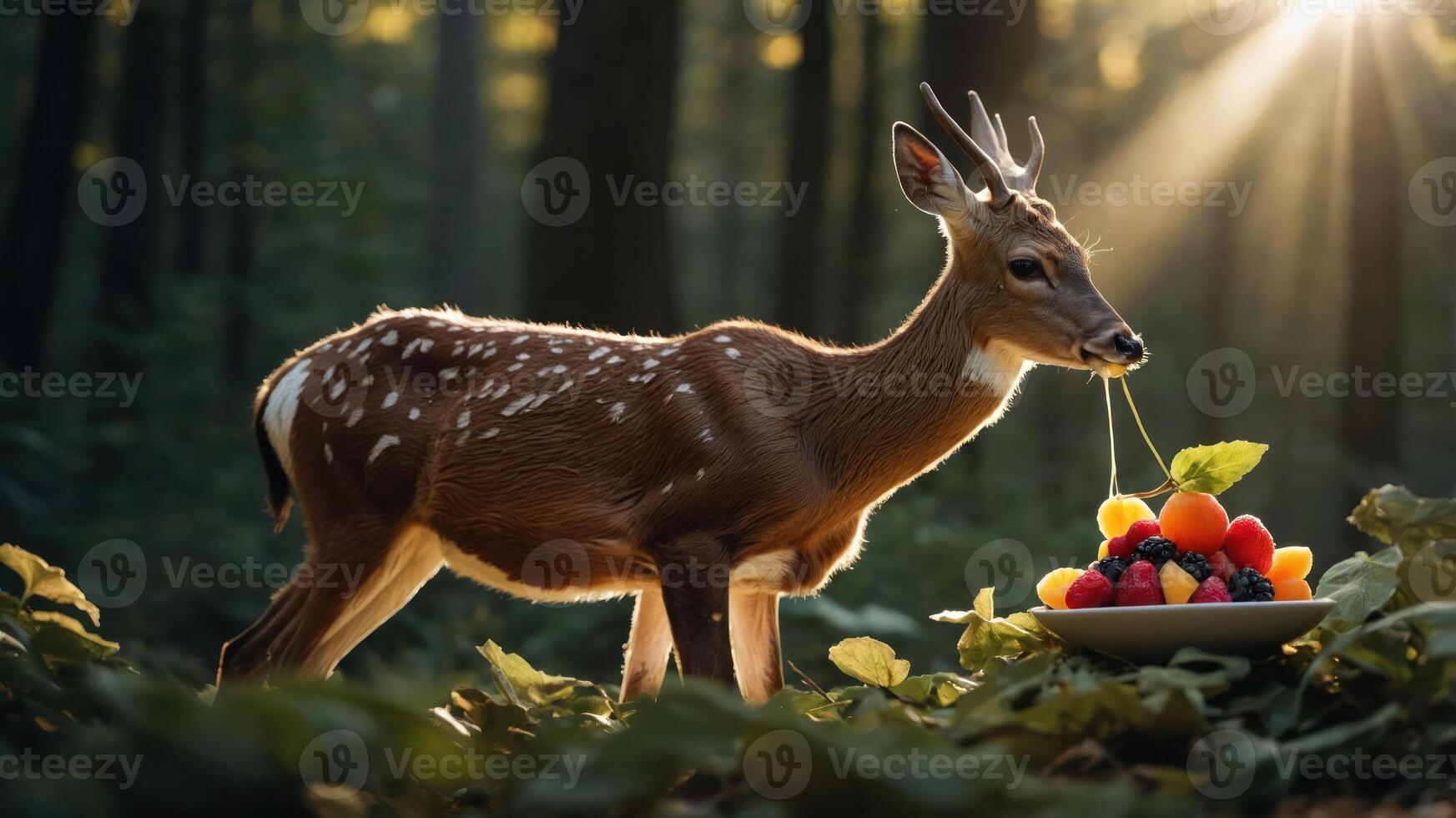 A deer stands beside a plate of colorful fruits in a sunlit forest. photo