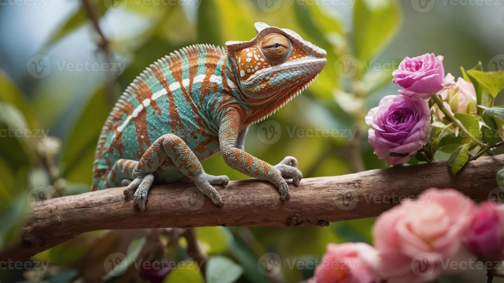 A vibrant chameleon perched on a branch surrounded by colorful roses. photo