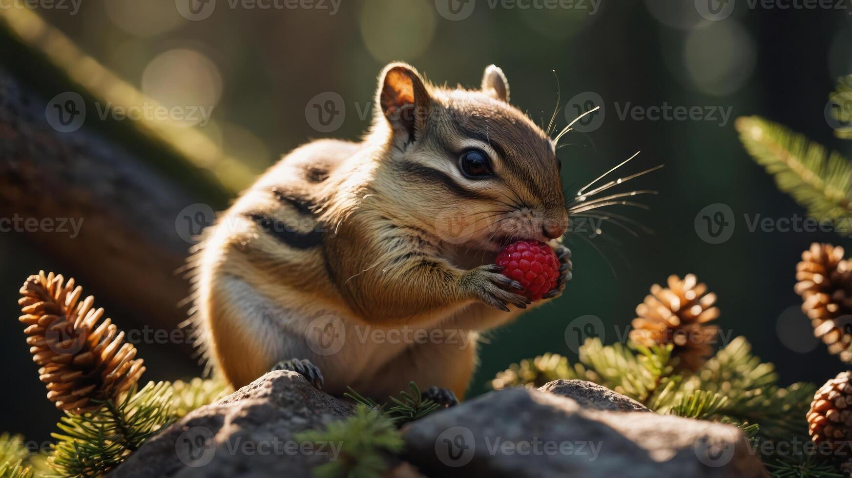 A chipmunk holds a raspberry amidst pinecones and greenery in a sunlit forest setting. photo