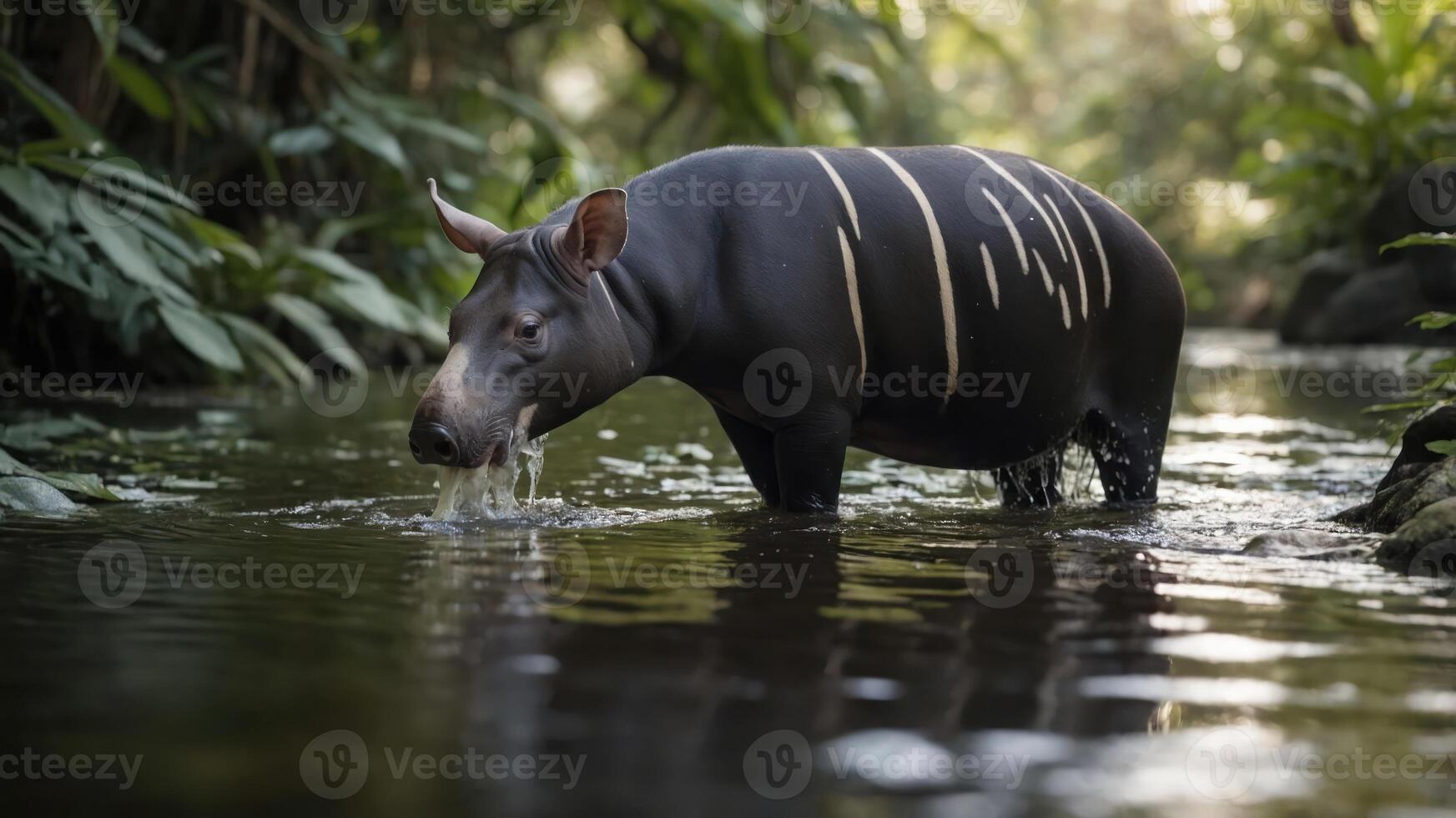 A tapir wades through a serene forest stream, surrounded by lush greenery. photo