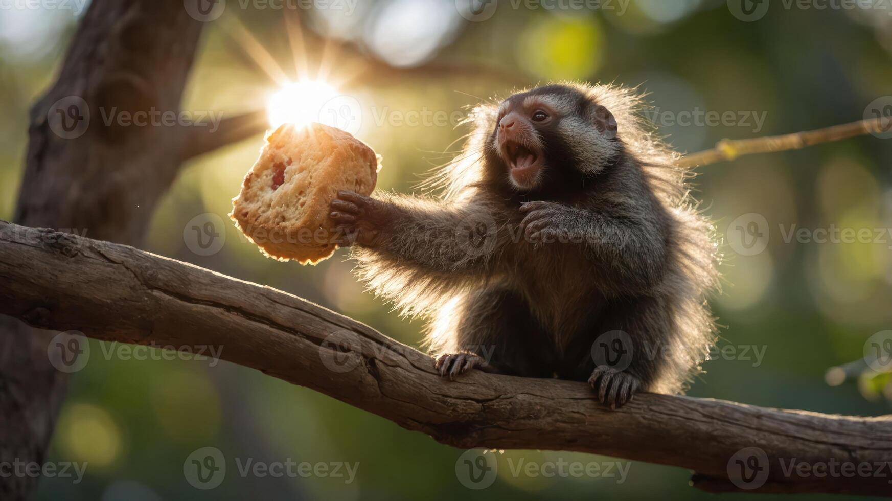 A small monkey sits on a branch, holding a piece of bread, with sunlight shining behind it. photo